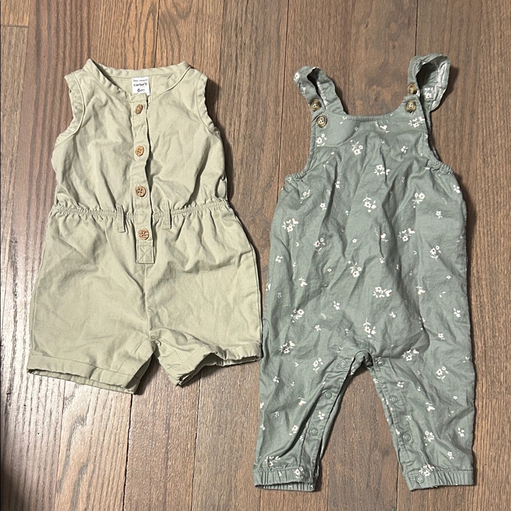 Carter's Sage Green Floral Overalls & Light Olive Button Romper - 2pc Set